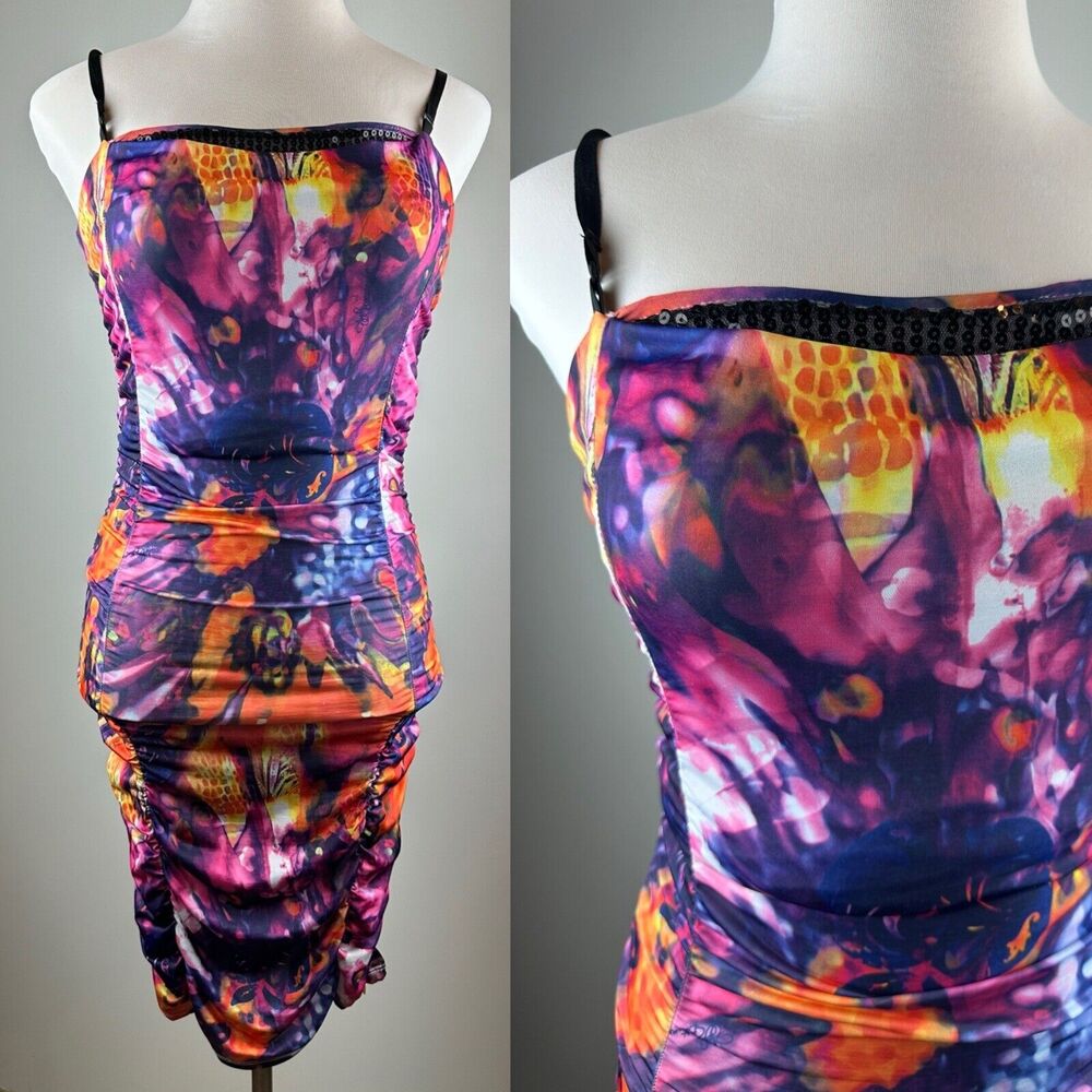 Vtg Y2k Apple Bottom Dress Watercolor Ruched Bodycon Form Fitting Dress Medium M - Picture 2 of 16
